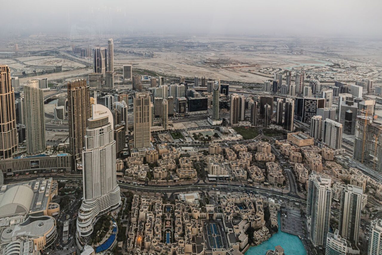 Aerial view over the towers and low-rise districts of Downtown Dubai